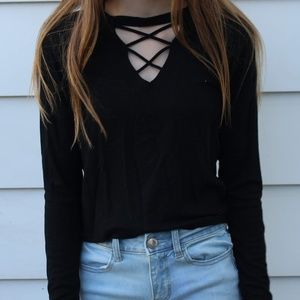 Hollister Black Cage Neck Croped Long Sleeve Shirt